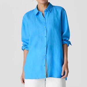 EILEEN FISHER Organic Handkerchief Linen Classic Collar Shirt, Azure Blue, PM